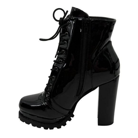 Black Faux Patent Leather Lug Sole Edgy Sexy Baddie Platform Heel Boots 10 - Picture 7 of 16